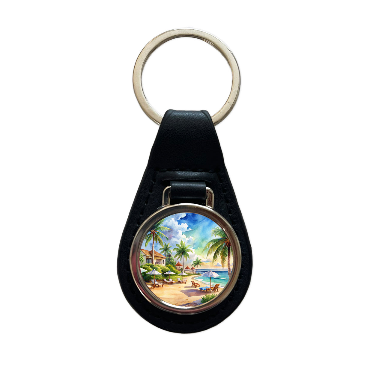 Beach Resort Tropical Scene Watercolor Black Leather Metal Keychain