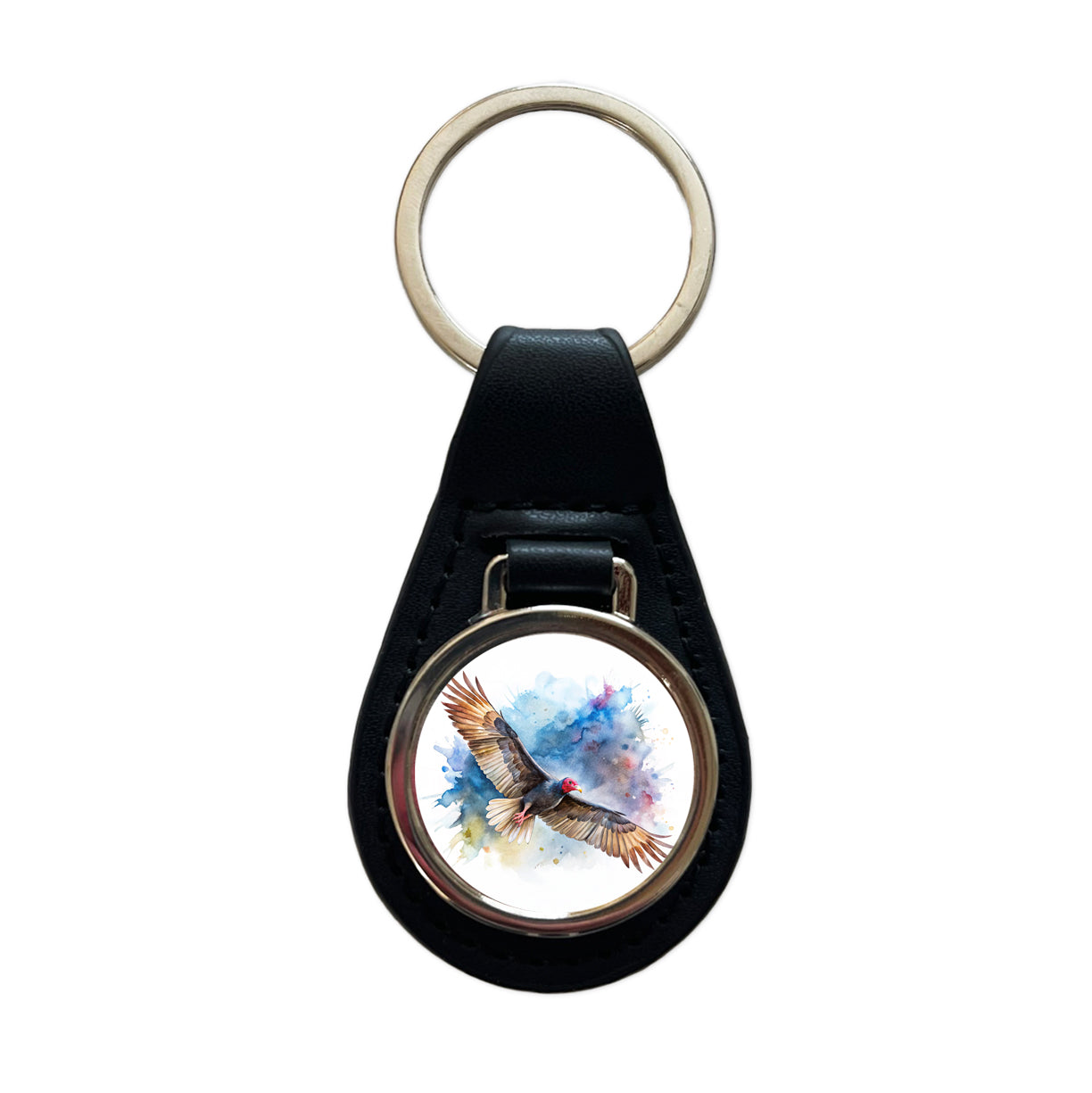 Black Turkey Vulture In Flight Watercolor Black Leather Metal Keychain