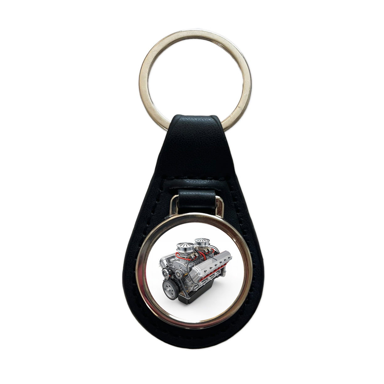 Classic V8 Muscle Car Engine Black Leather Metal Keychain