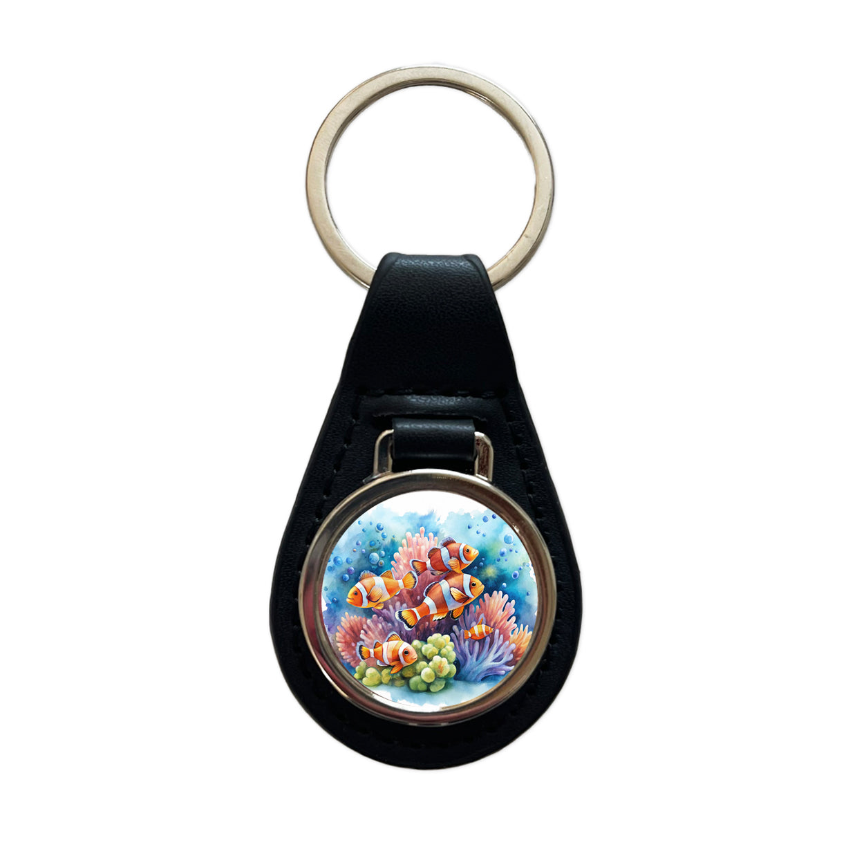 Clown Fish Swimming Around Coral Watercolor Black Leather Metal Keychain