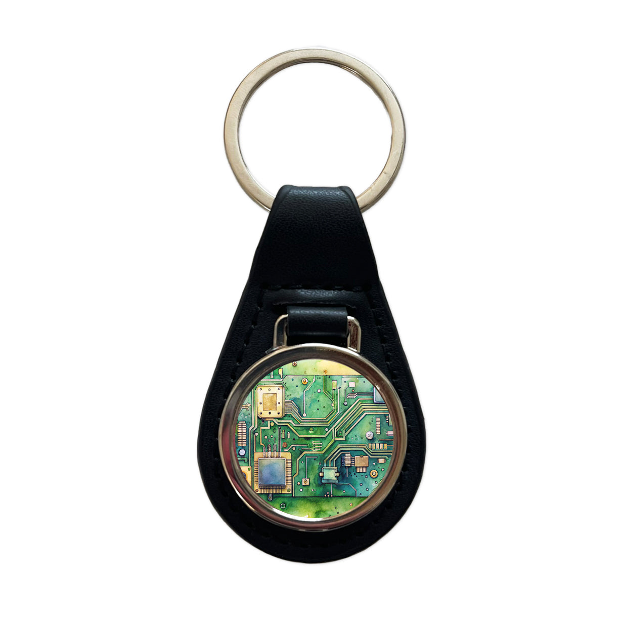 Detailed Circuit Board Watercolor Black Leather Metal Keychain