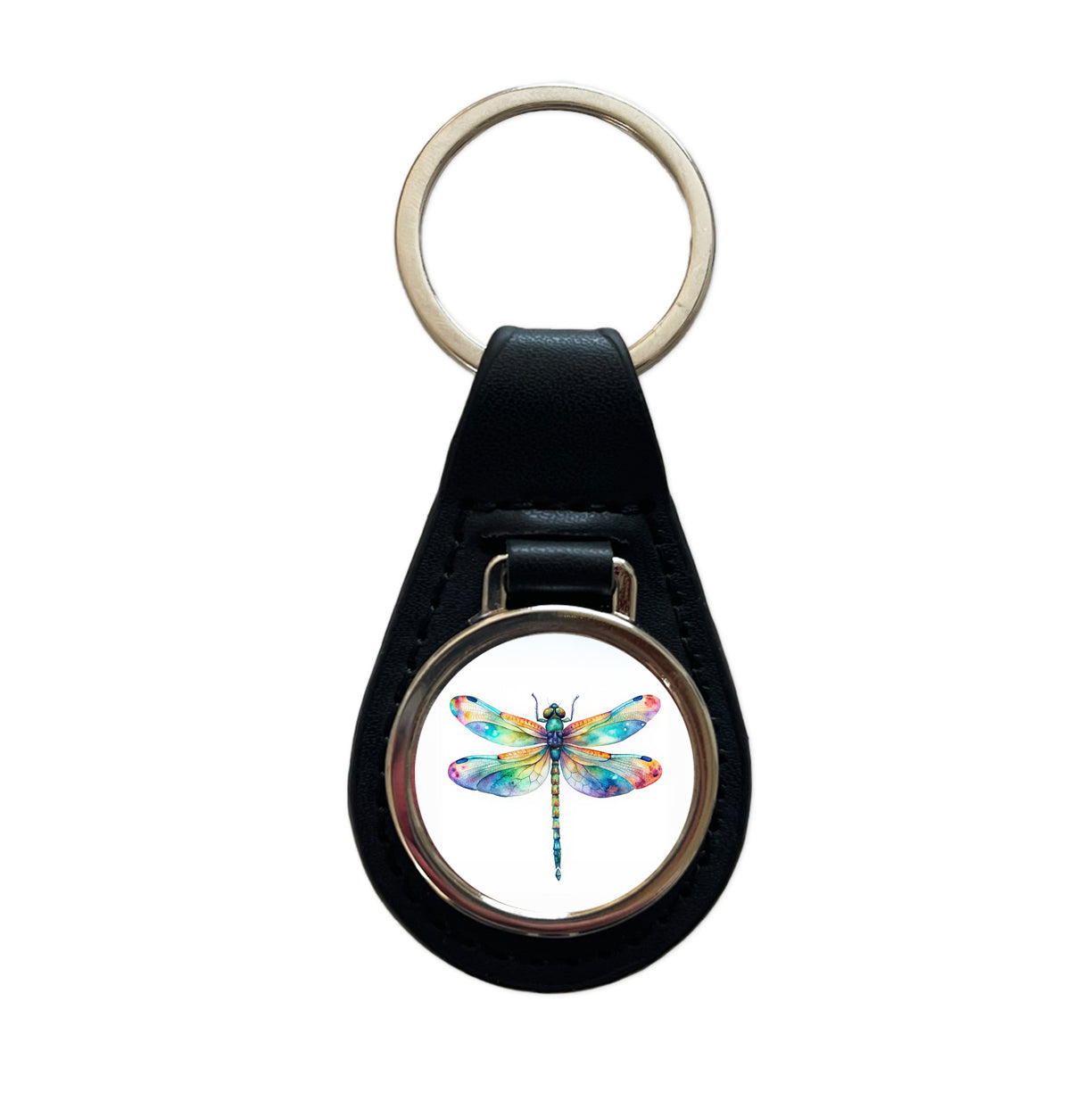 Dragonfly Rainbow Watercolor Black Leather Metal Keychain