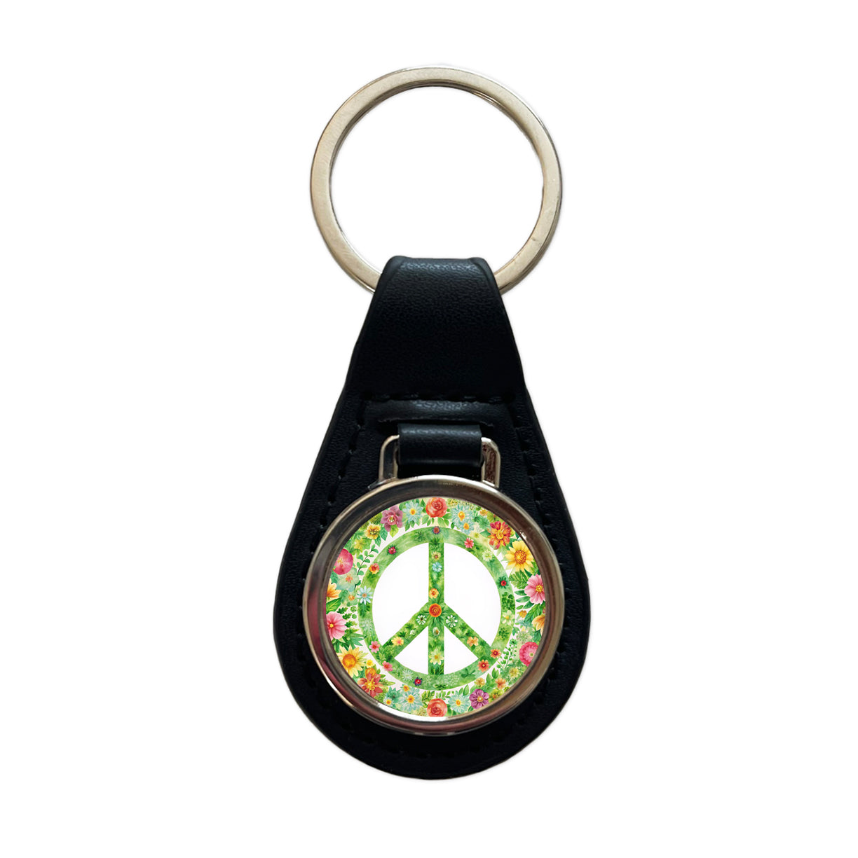 Green Peace Symbol Hippie Floral Watercolor Black Leather Metal Keychain