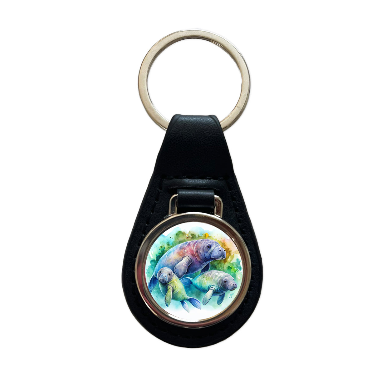 Manatees Family Watercolor Black Leather Metal Keychain