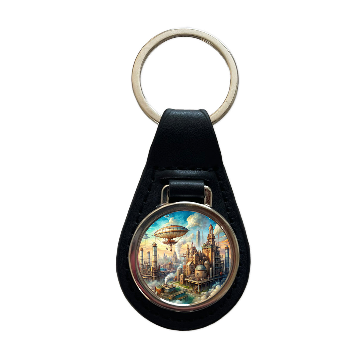 Steampunk City and Airship Fantasy Sci-fi Scene Black Leather Metal Keychain