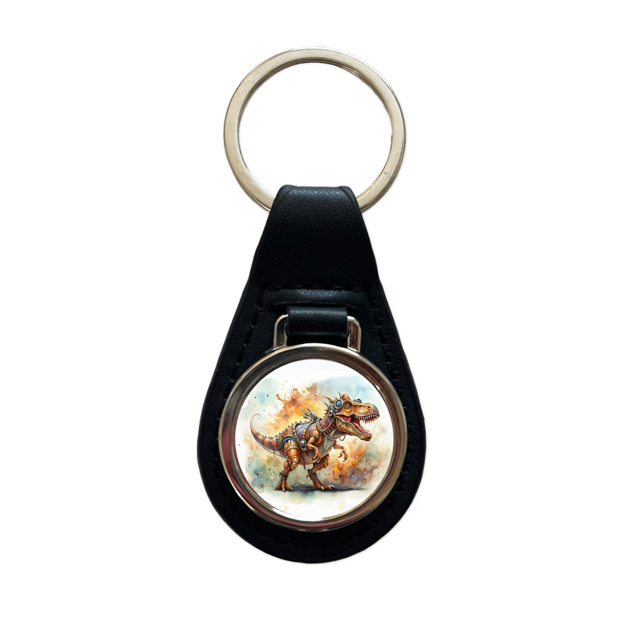 Steampunk T-Rex Dinosaur Fantasy Sci-fi Watercolor Black Leather Metal Keychain