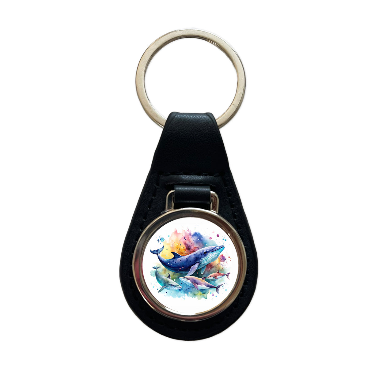 Whales Family Colorful Watercolor Black Leather Metal Keychain