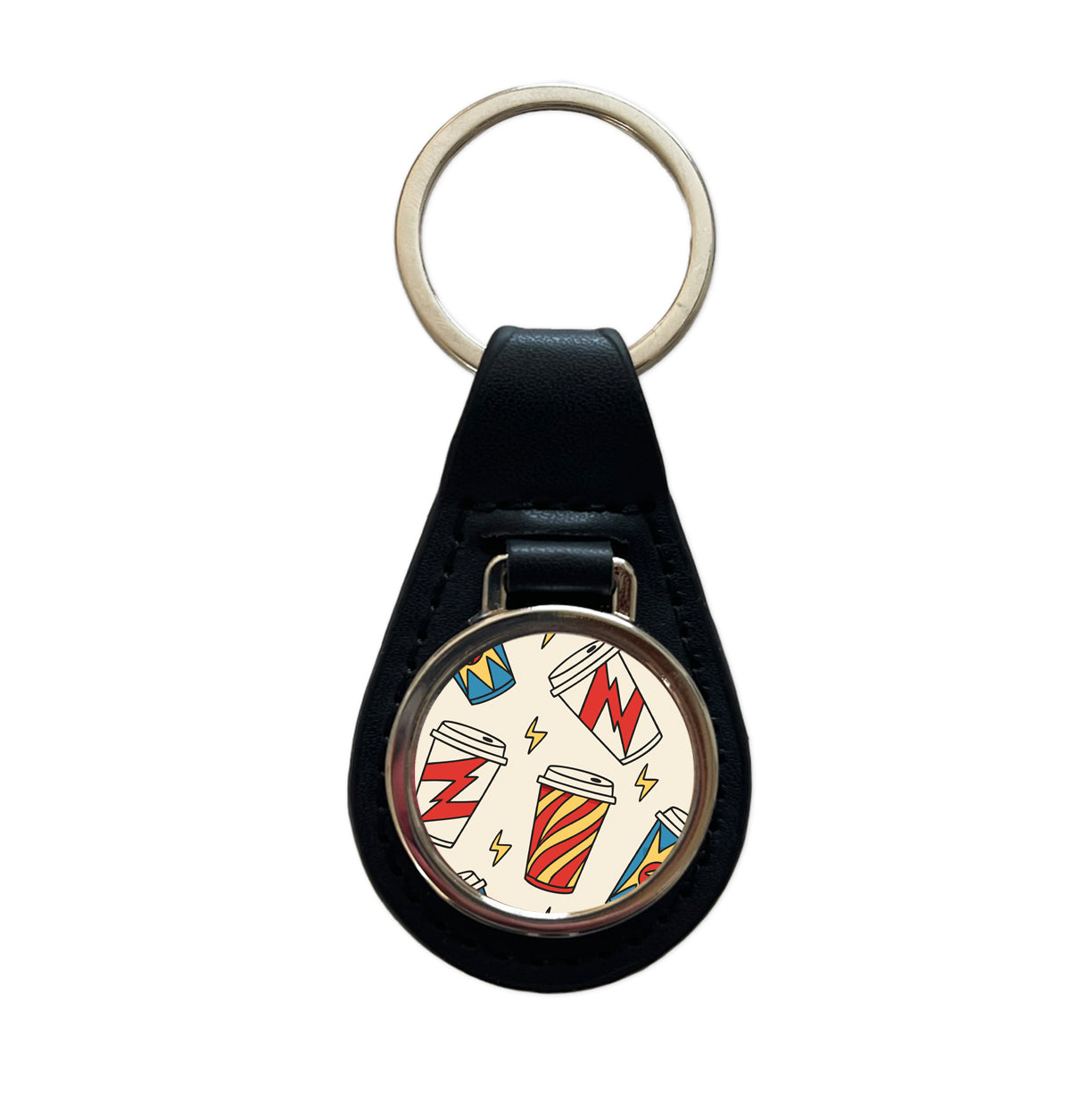 Coffee Cups Dynamic Black Leather Metal Keychain