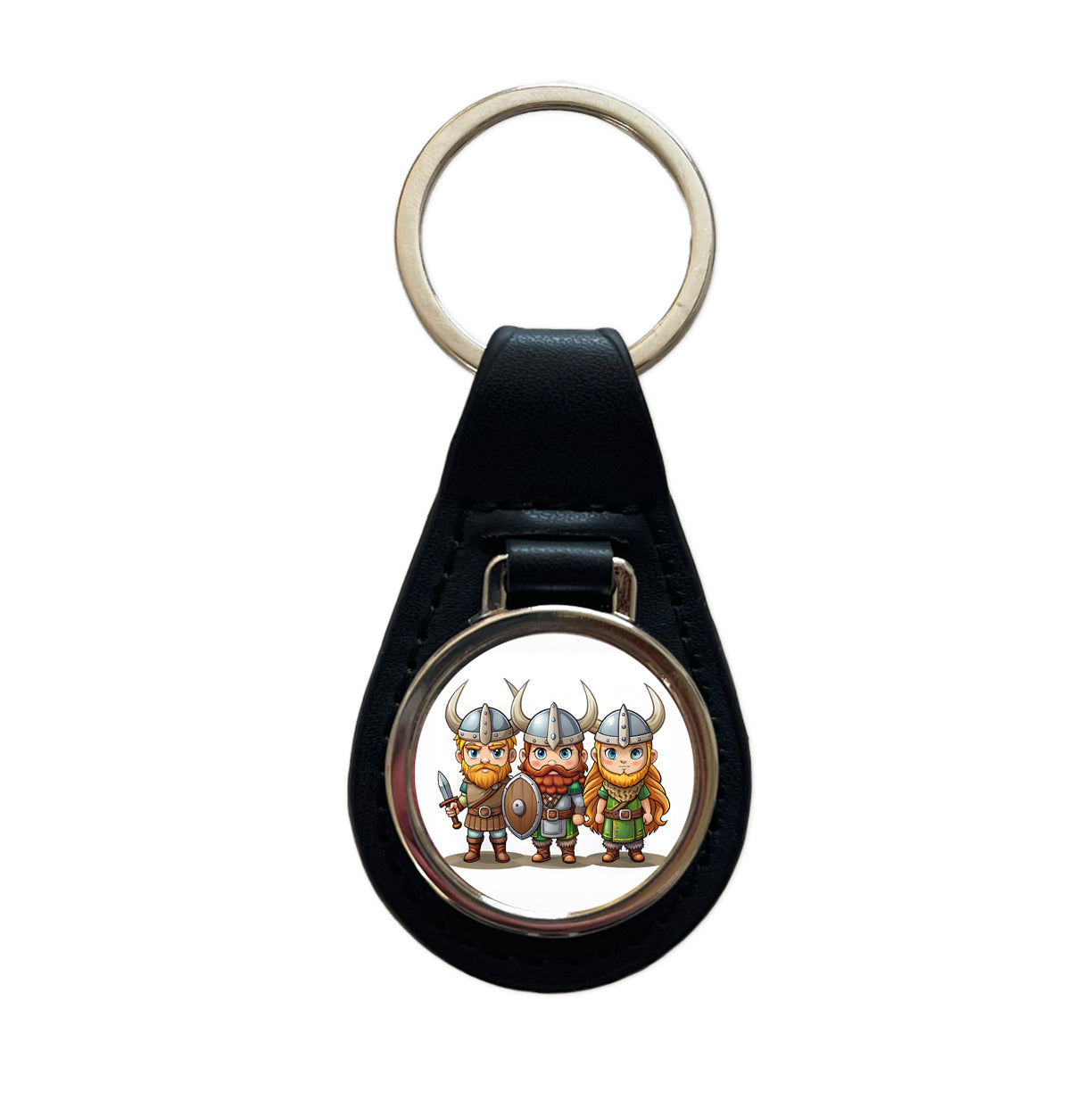 Cute Vikings Black Leather Metal Keychain