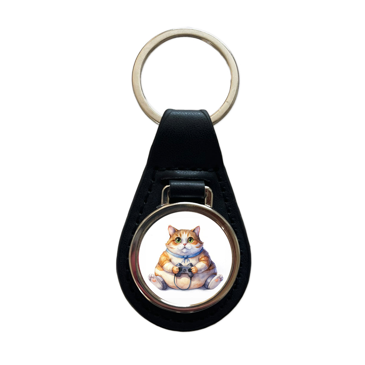 Fat Gamer Kitty Black Leather Metal Keychain