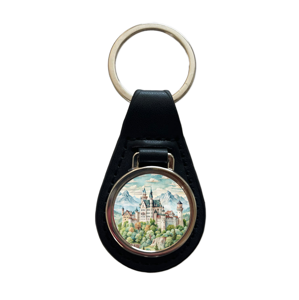 German Castle Watercolor Neuschwanstein Black Leather Metal Keychain