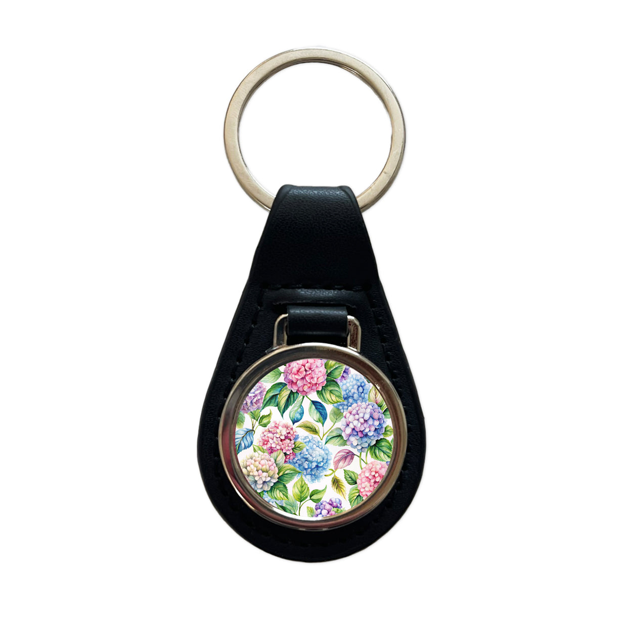 Hydrangea Floral Flowers Black Leather Metal Keychain