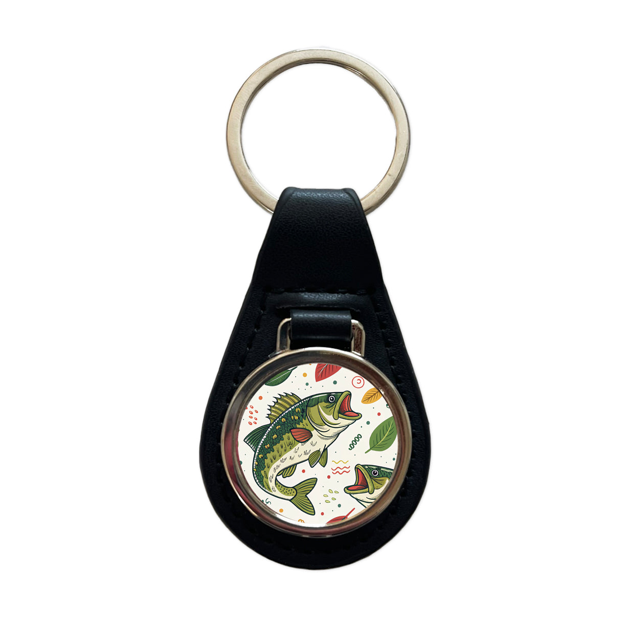 Bass Fish Fishing Cute Cartoon Black Leather Metal Keychain