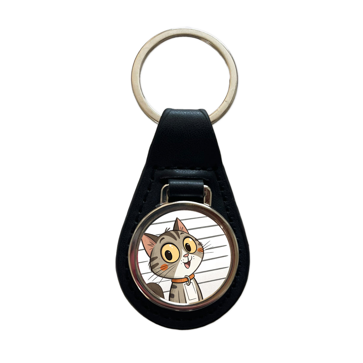 Cat Mug Shot Black Leather Metal Keychain