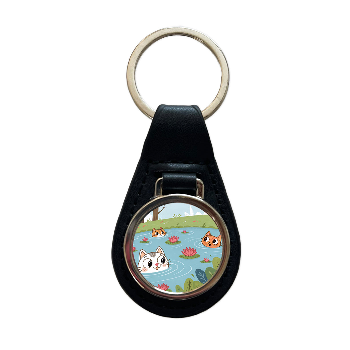 Cats Swimming In Pond Cute Black Leather Metal Keychain