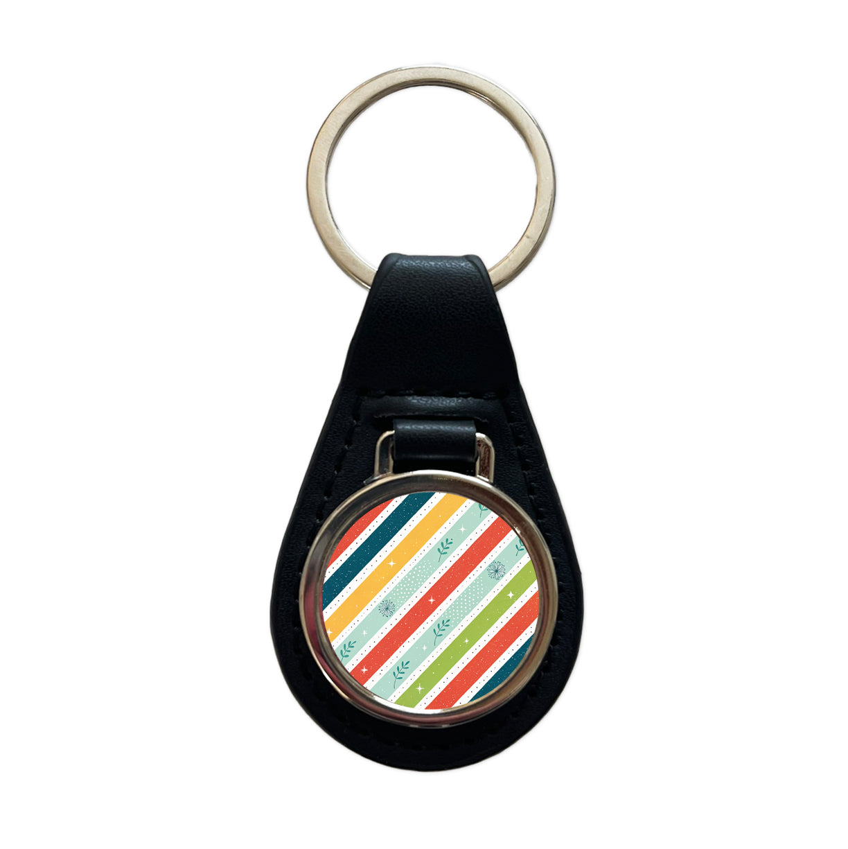 Cute Diagonal Stripes Black Leather Metal Keychain