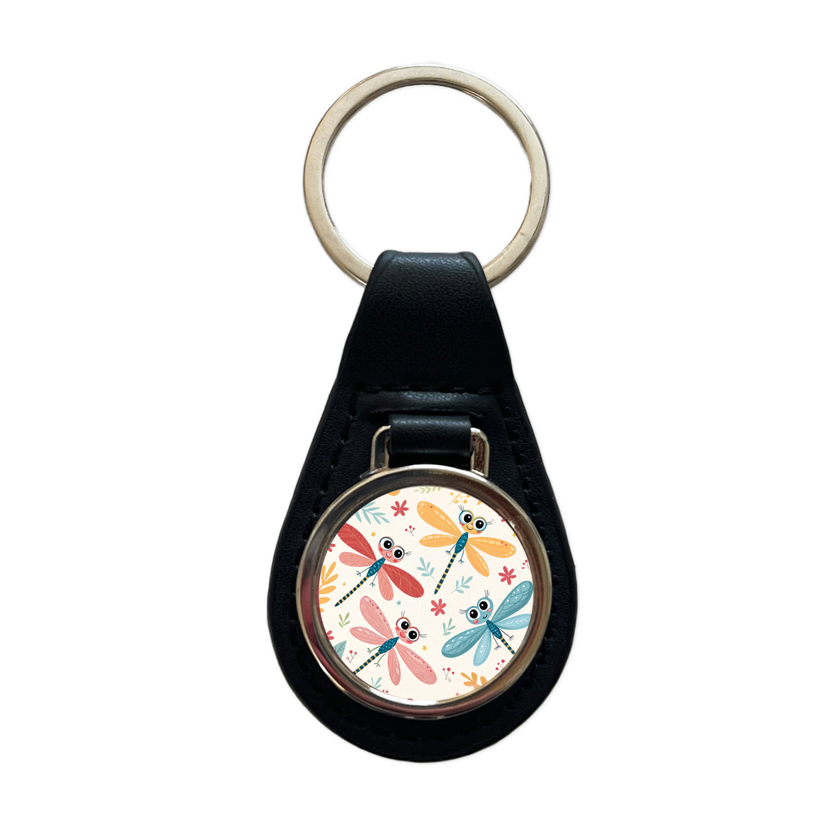 Cute Dragonflies Black Leather Metal Keychain
