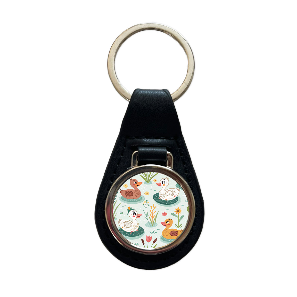 Cute Ducks In Pond Black Leather Metal Keychain
