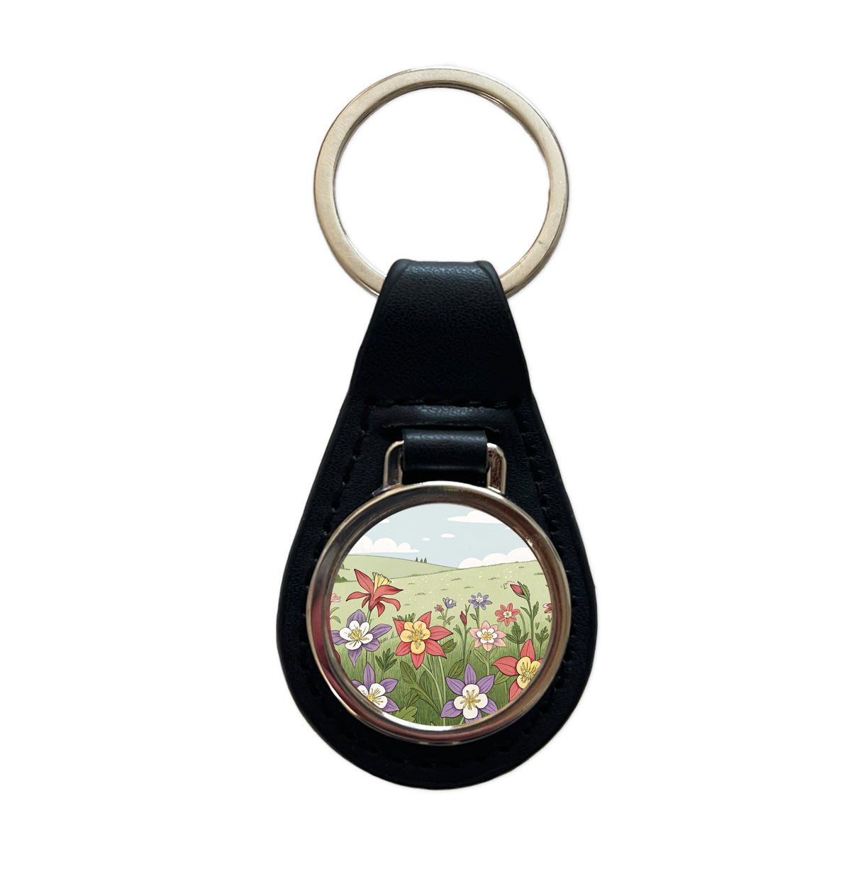 Field Of Columbine Flowers Black Leather Metal Keychain