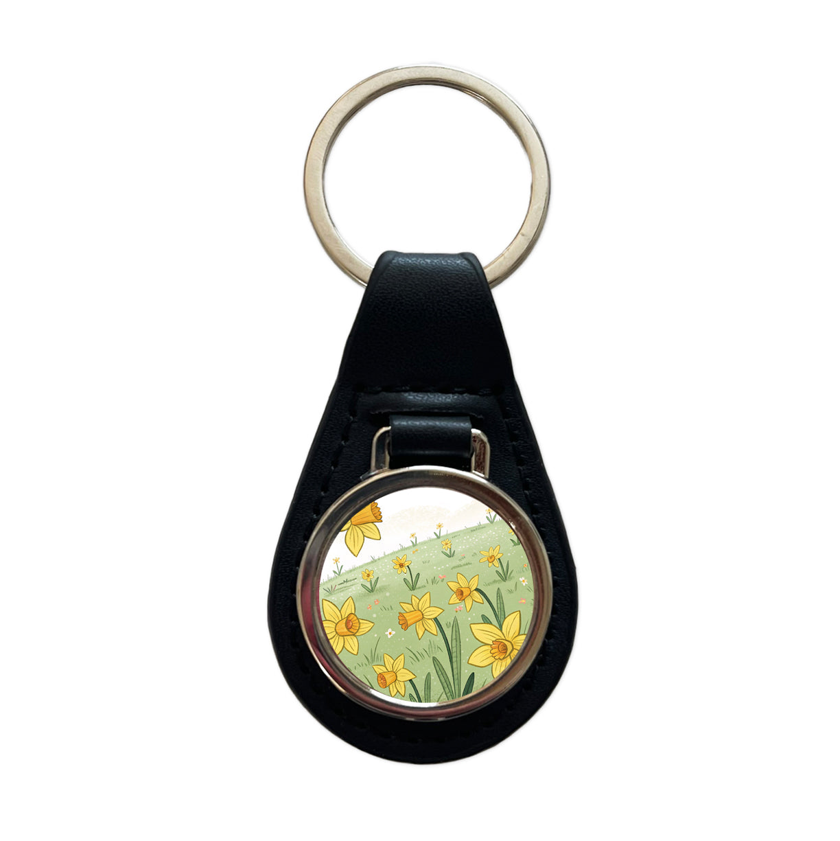 Field Of Daffodils Flowers Black Leather Metal Keychain