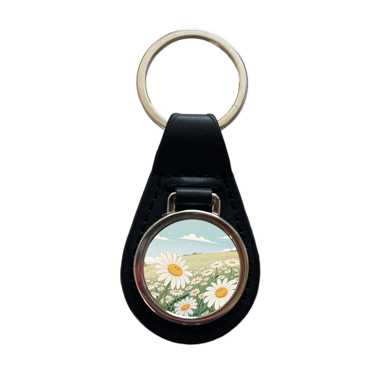Field Of Daisies Daisy Flowers Black Leather Metal Keychain