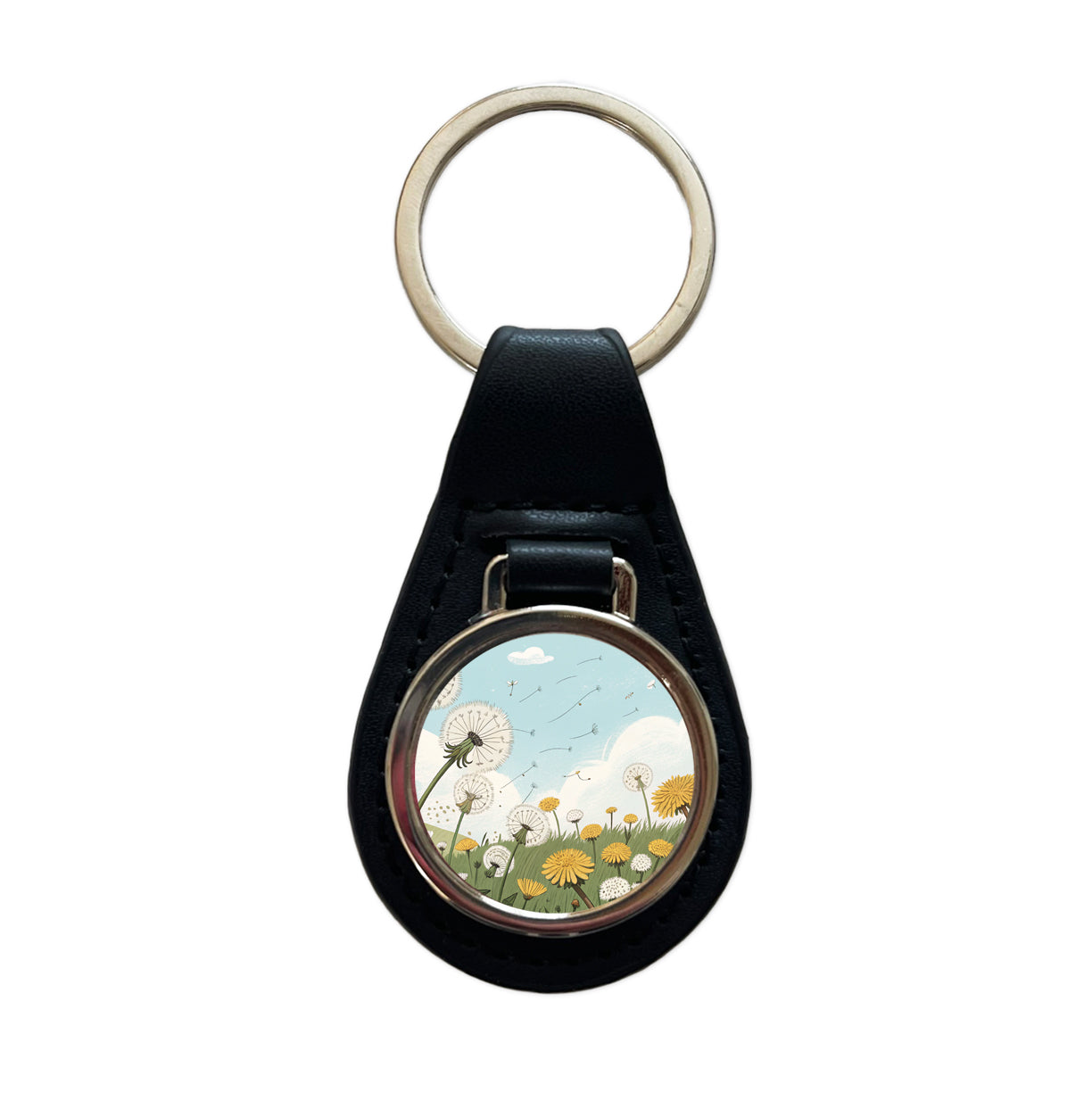 Field Of Dandelions Flowers Black Leather Metal Keychain