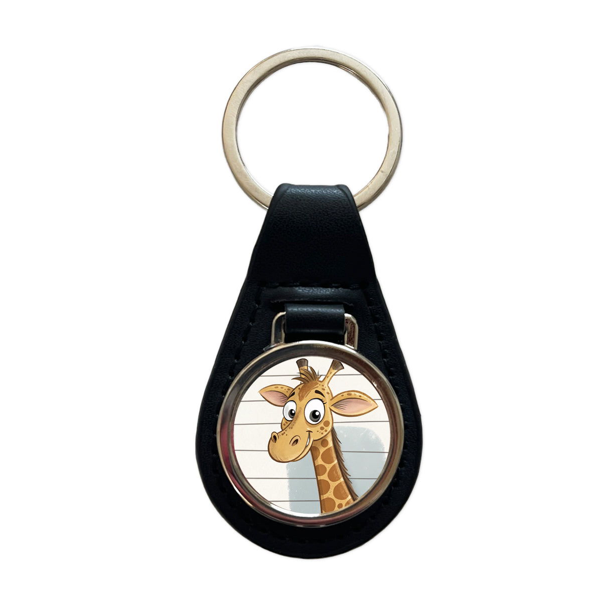 Giraffe Mug Shot Black Leather Metal Keychain