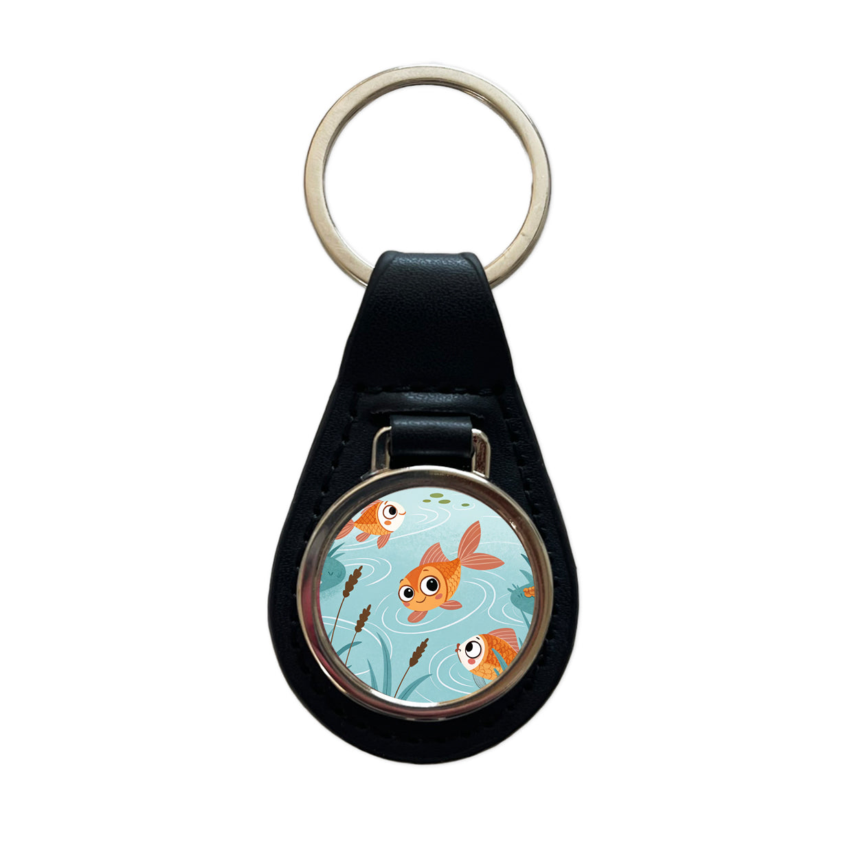 Gold Fish Swimming In Pond Black Leather Metal Keychain