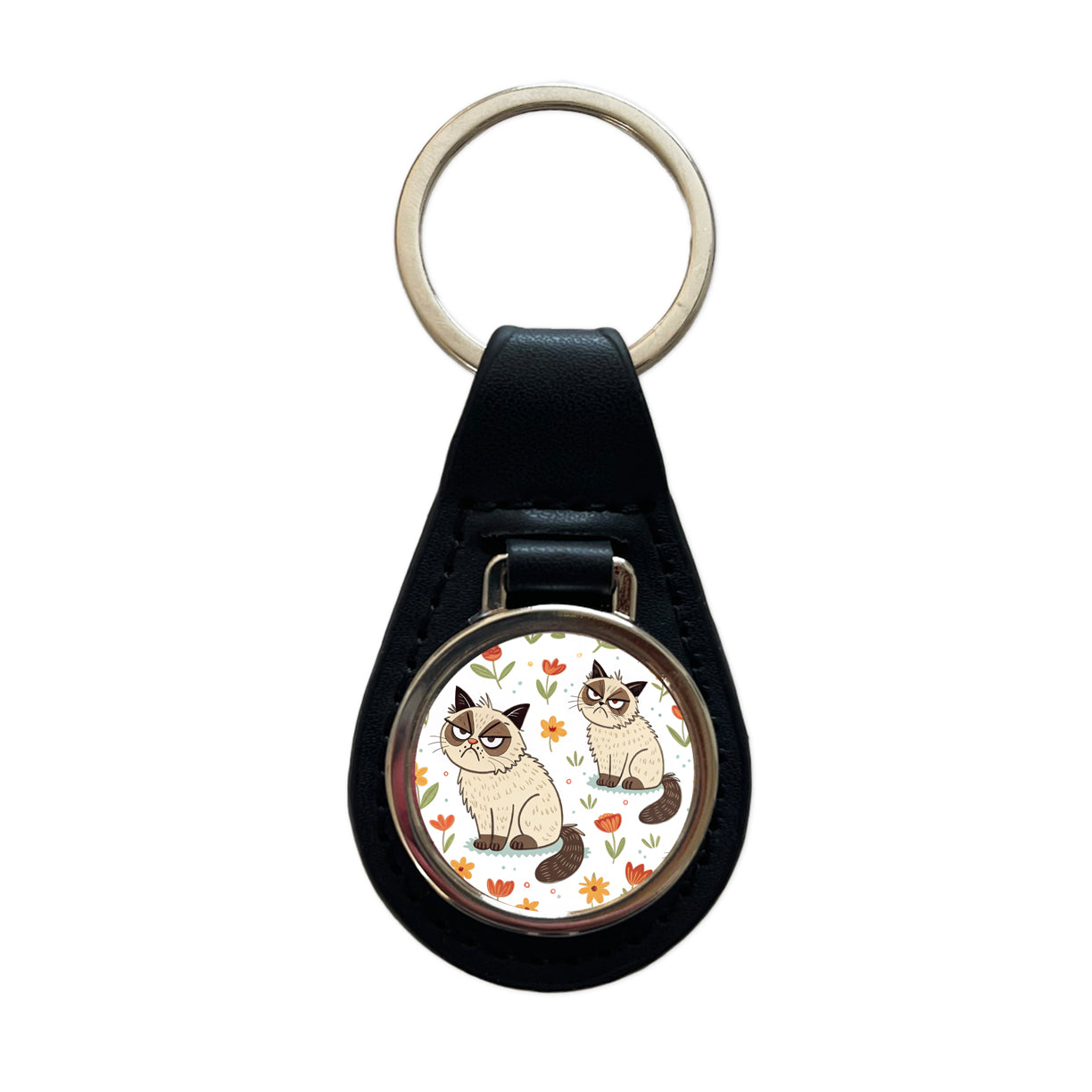 Grumpy Persian Cat Black Leather Metal Keychain