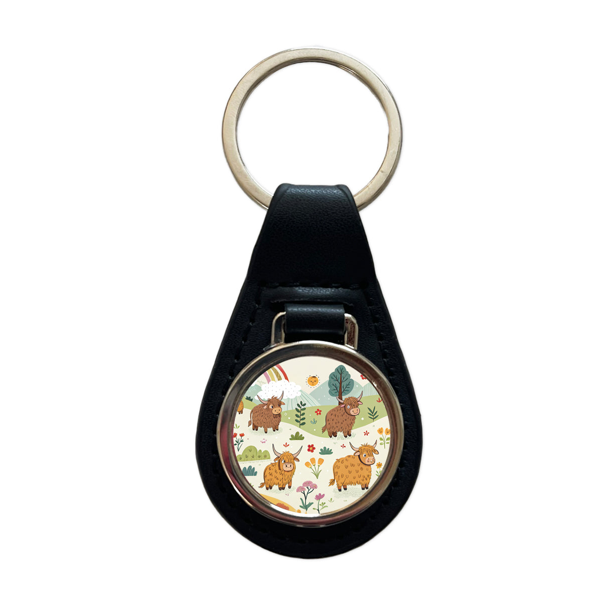Highland Cows Scattered Black Leather Metal Keychain