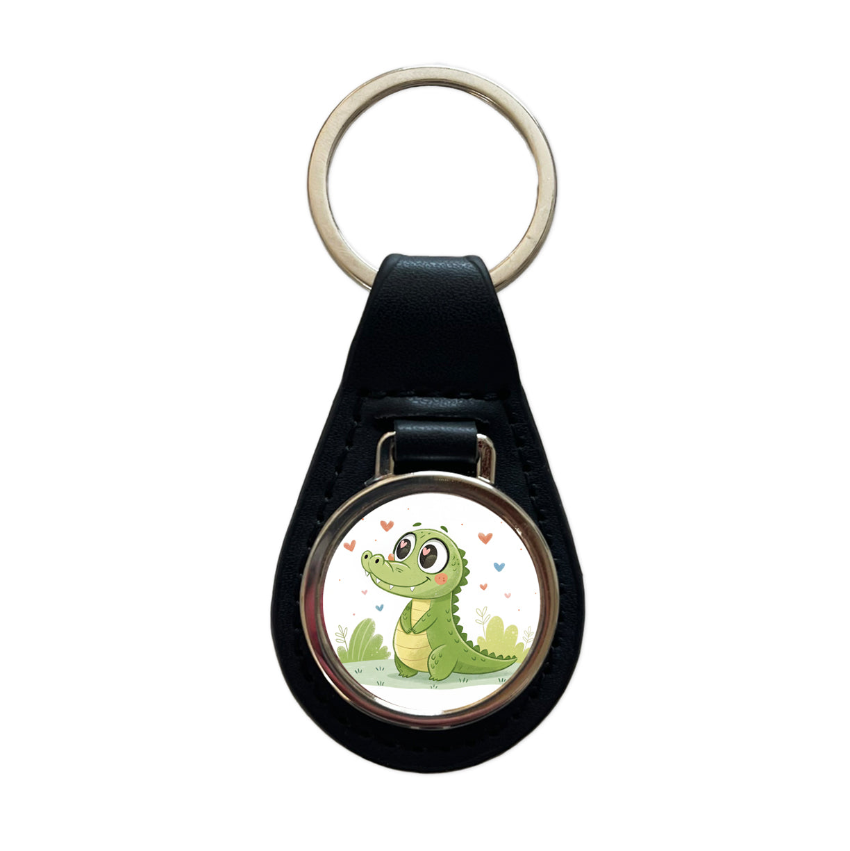 Kawaii Alligator Crocodile Love Hearts Black Leather Metal Keychain