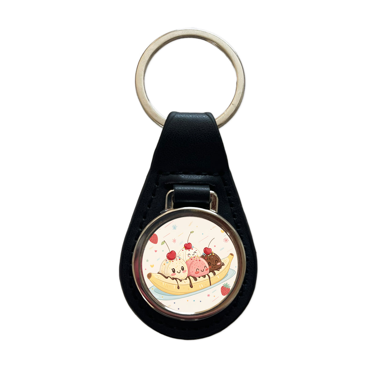 Kawaii Banana Split Ice Cream Black Leather Metal Keychain