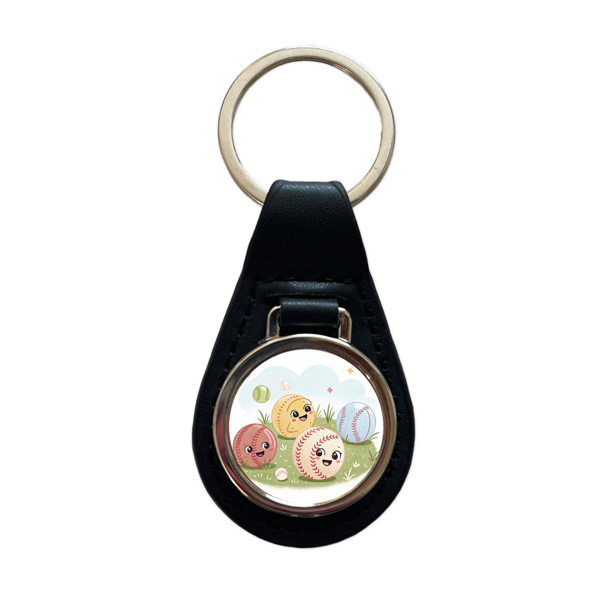 Kawaii Baseballs Black Leather Metal Keychain