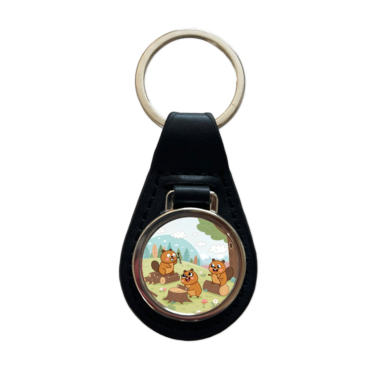 Kawaii Beavers Black Leather Metal Keychain