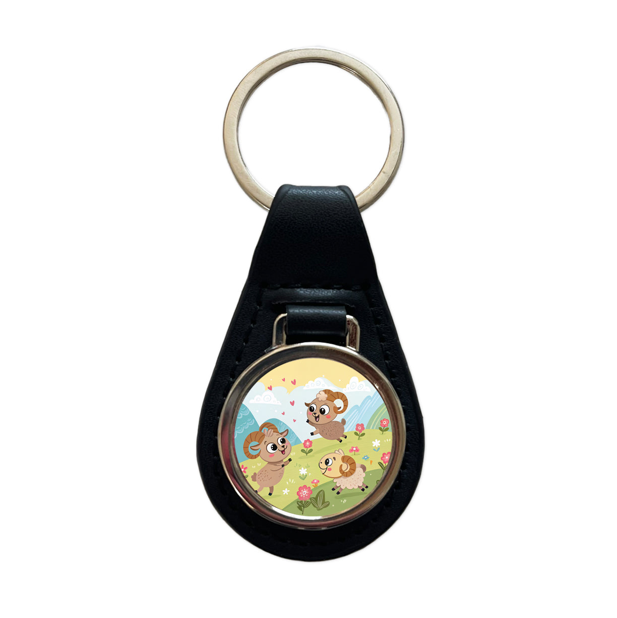 Kawaii Bighorn Sheep Black Leather Metal Keychain