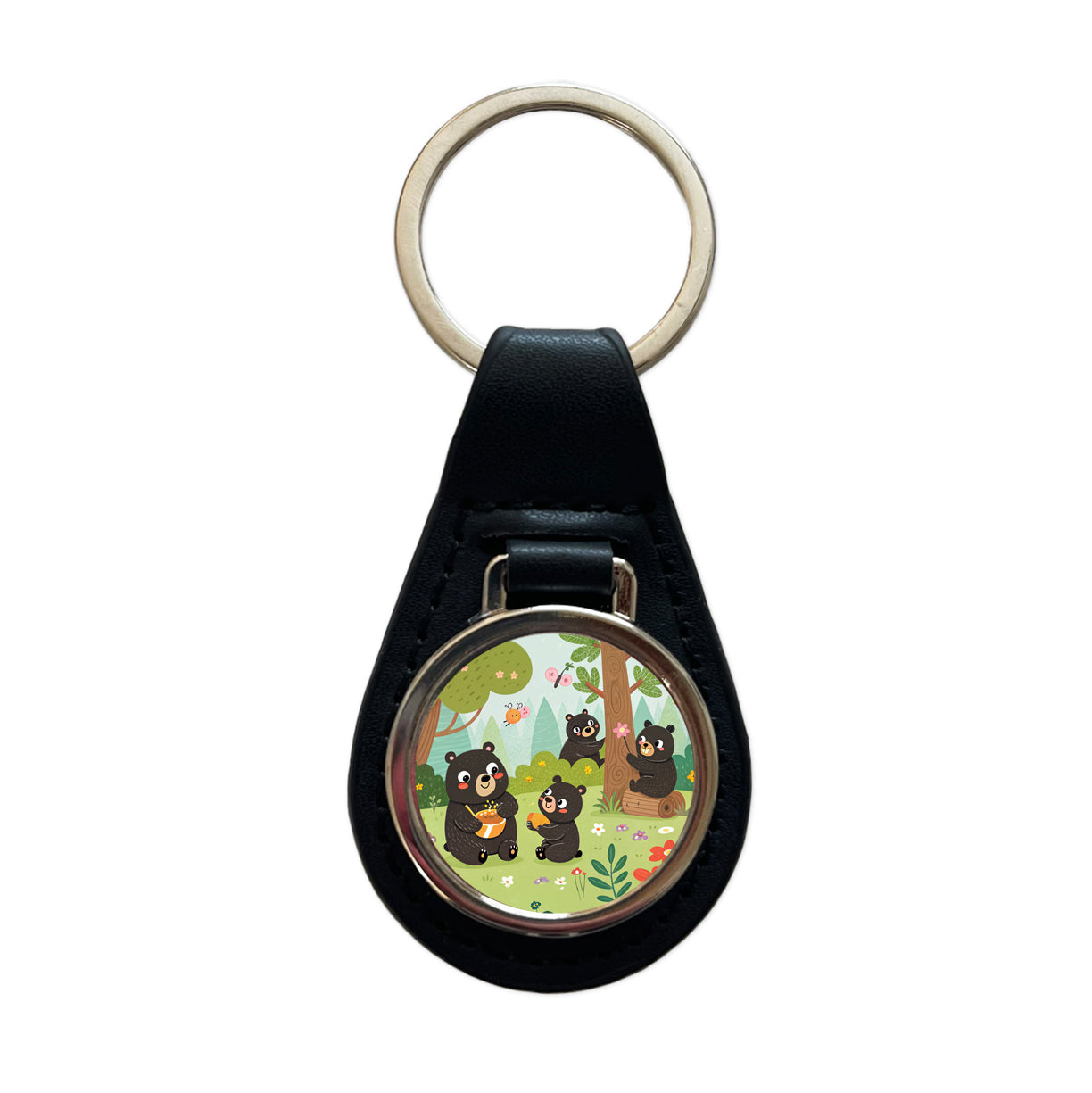 Kawaii Black Bears Black Leather Metal Keychain