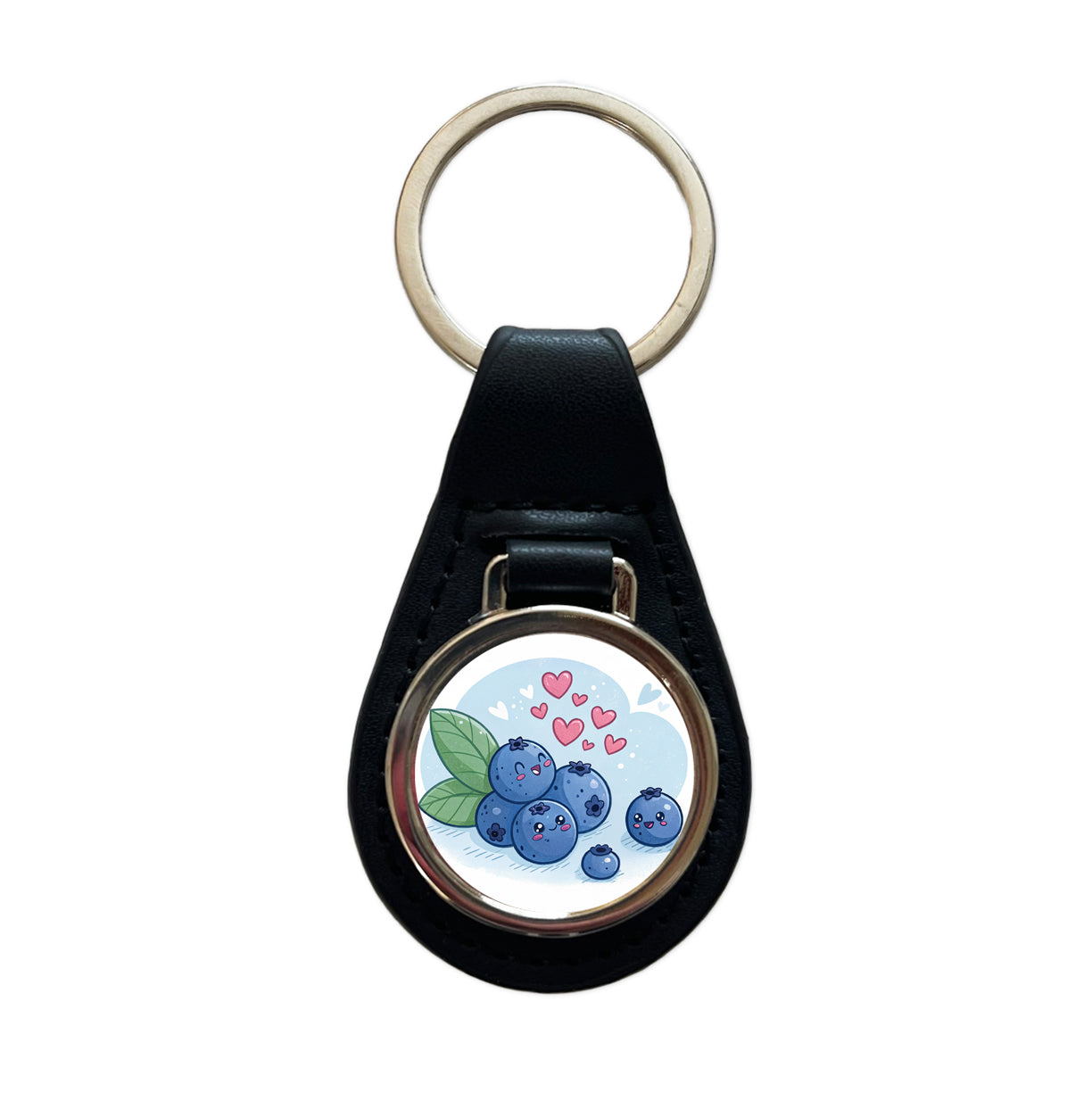 Kawaii Blueberries And Hearts Black Leather Metal Keychain