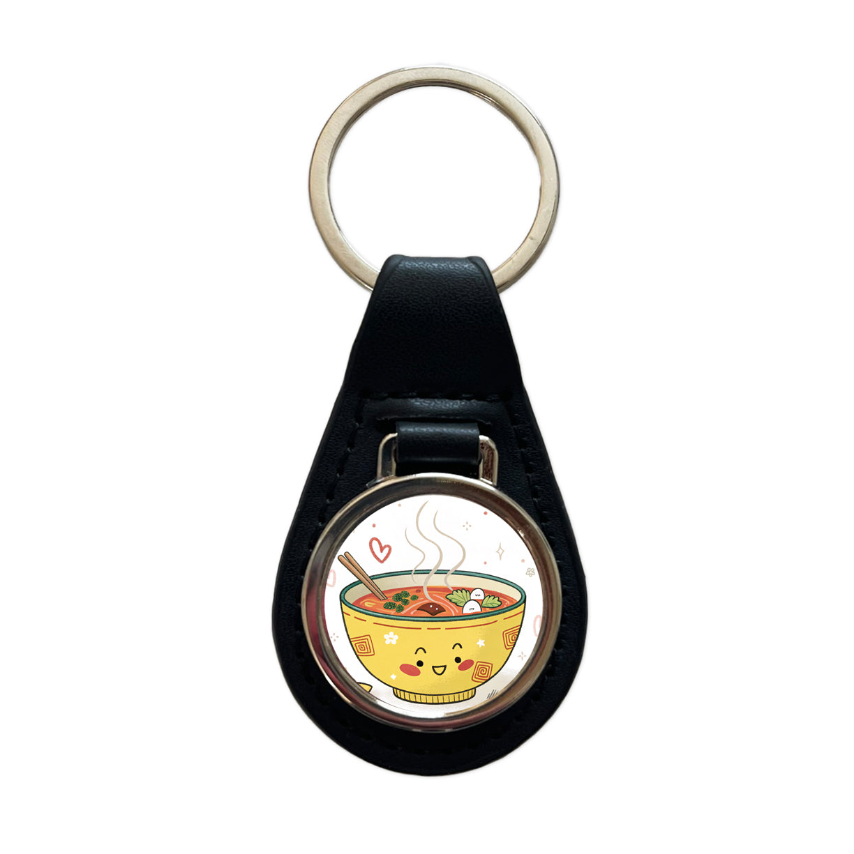 Kawaii Bowl Of Soup Black Leather Metal Keychain