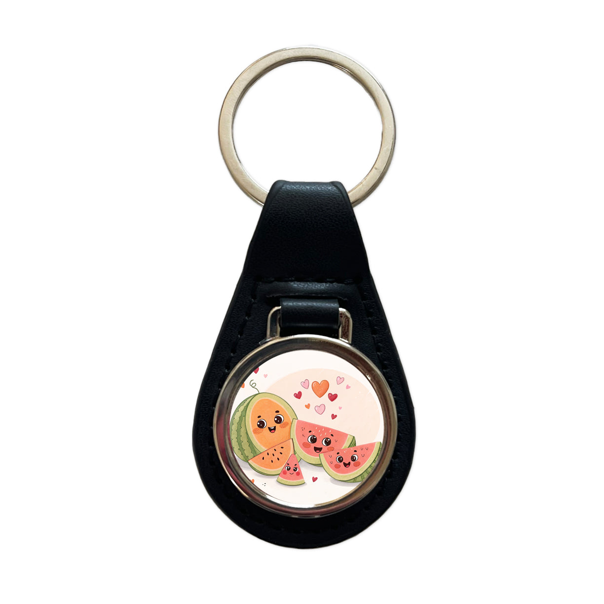 Kawaii Cantaloupes Watermelon Hearts Black Leather Metal Keychain