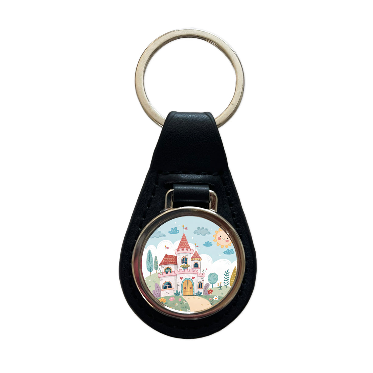Kawaii Cute Castle Black Leather Metal Keychain