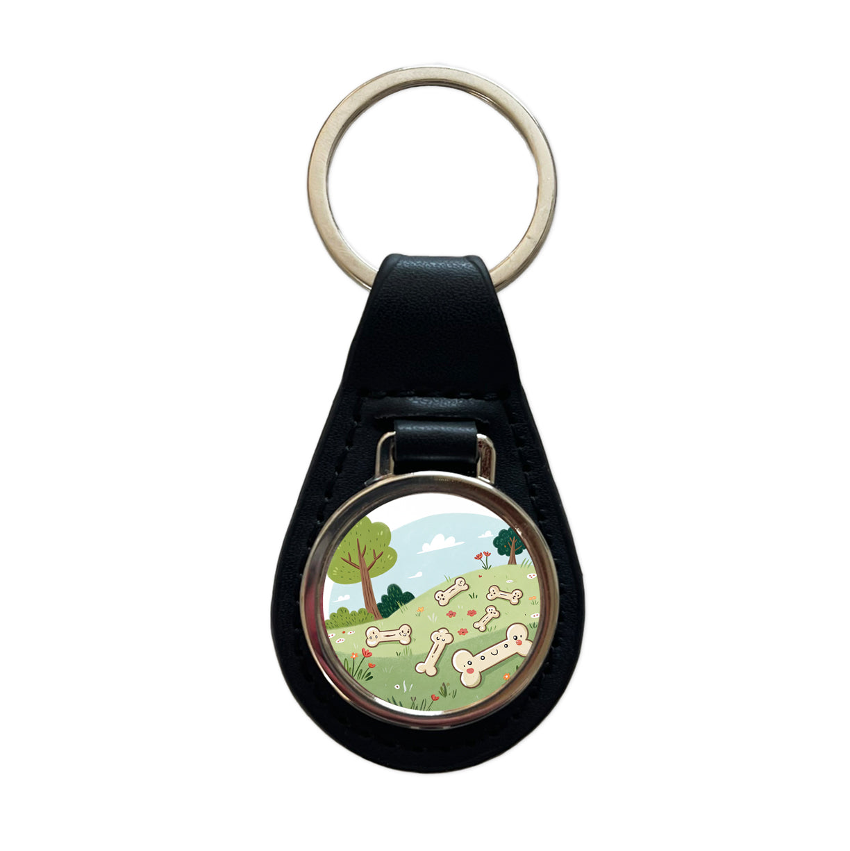Kawaii Dog Bones Black Leather Metal Keychain