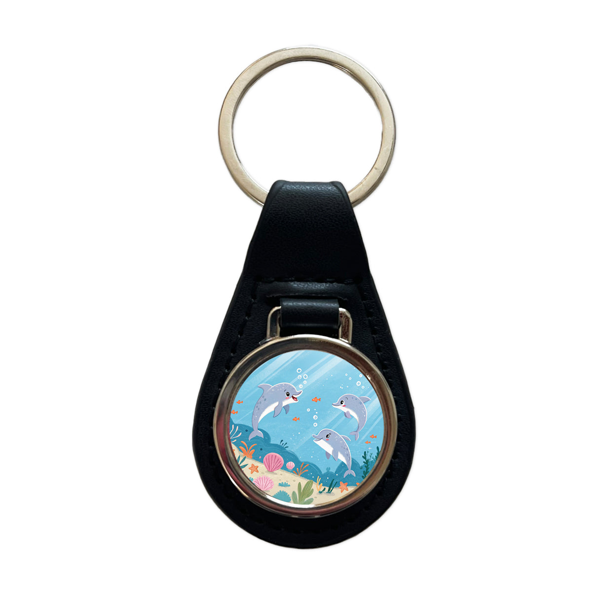 Kawaii Dolphins Black Leather Metal Keychain