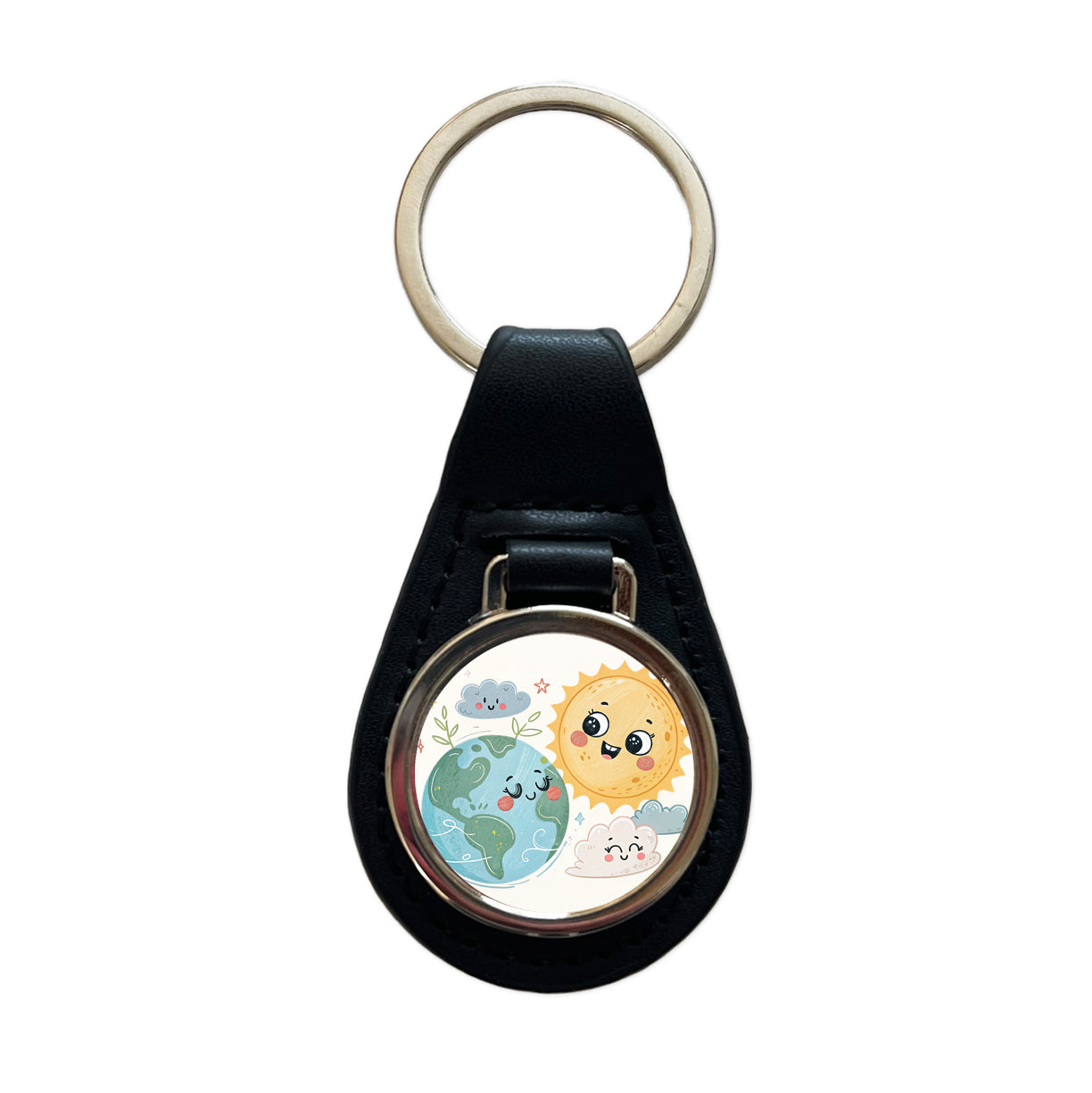 Kawaii Earth And Sun Black Leather Metal Keychain