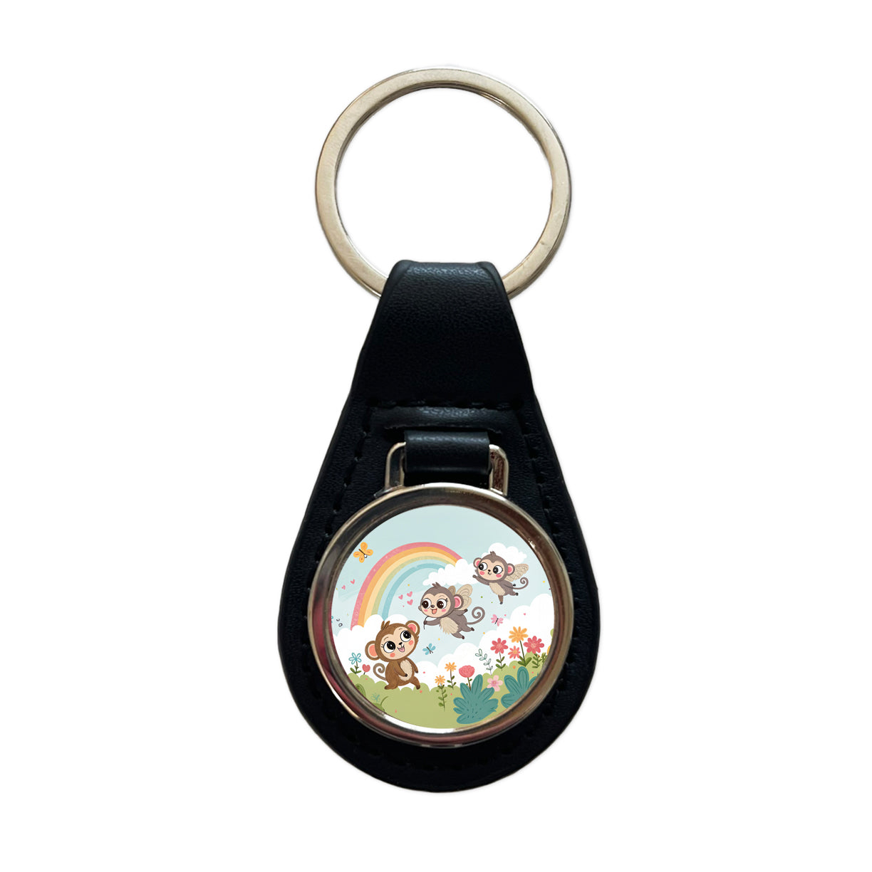 Kawaii Flying Monkeys Black Leather Metal Keychain