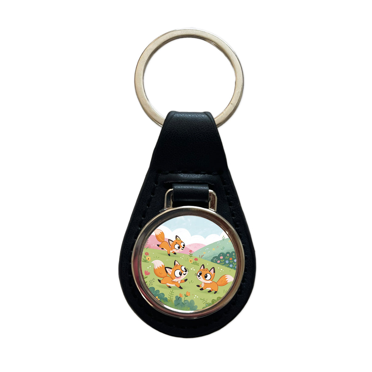 Kawaii Foxes Black Leather Metal Keychain