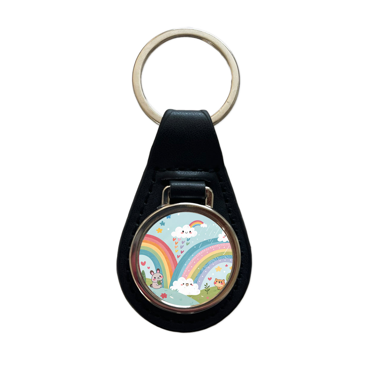Kawaii Fun Rainbows Black Leather Metal Keychain
