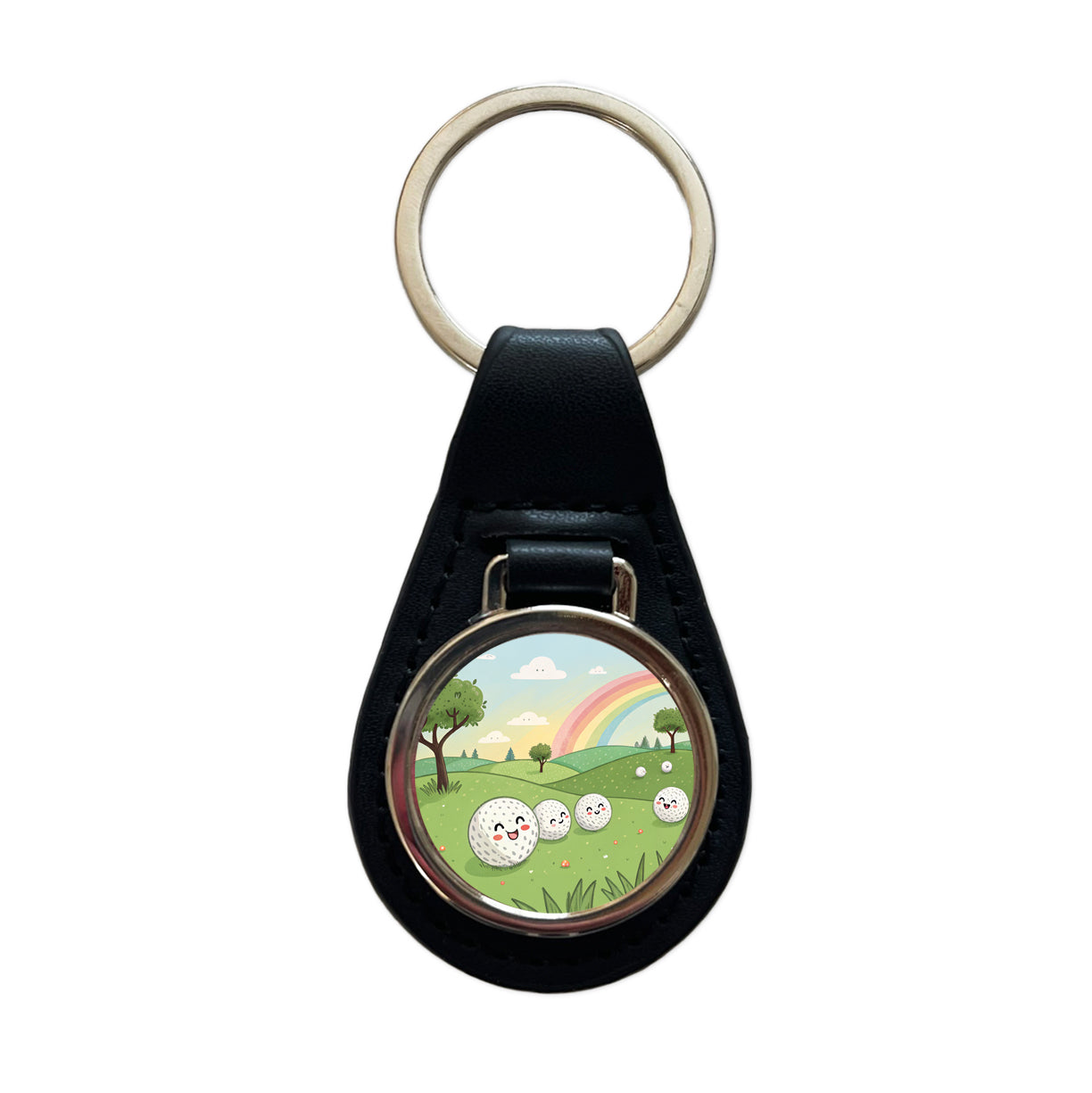 Kawaii Golf Balls Black Leather Metal Keychain