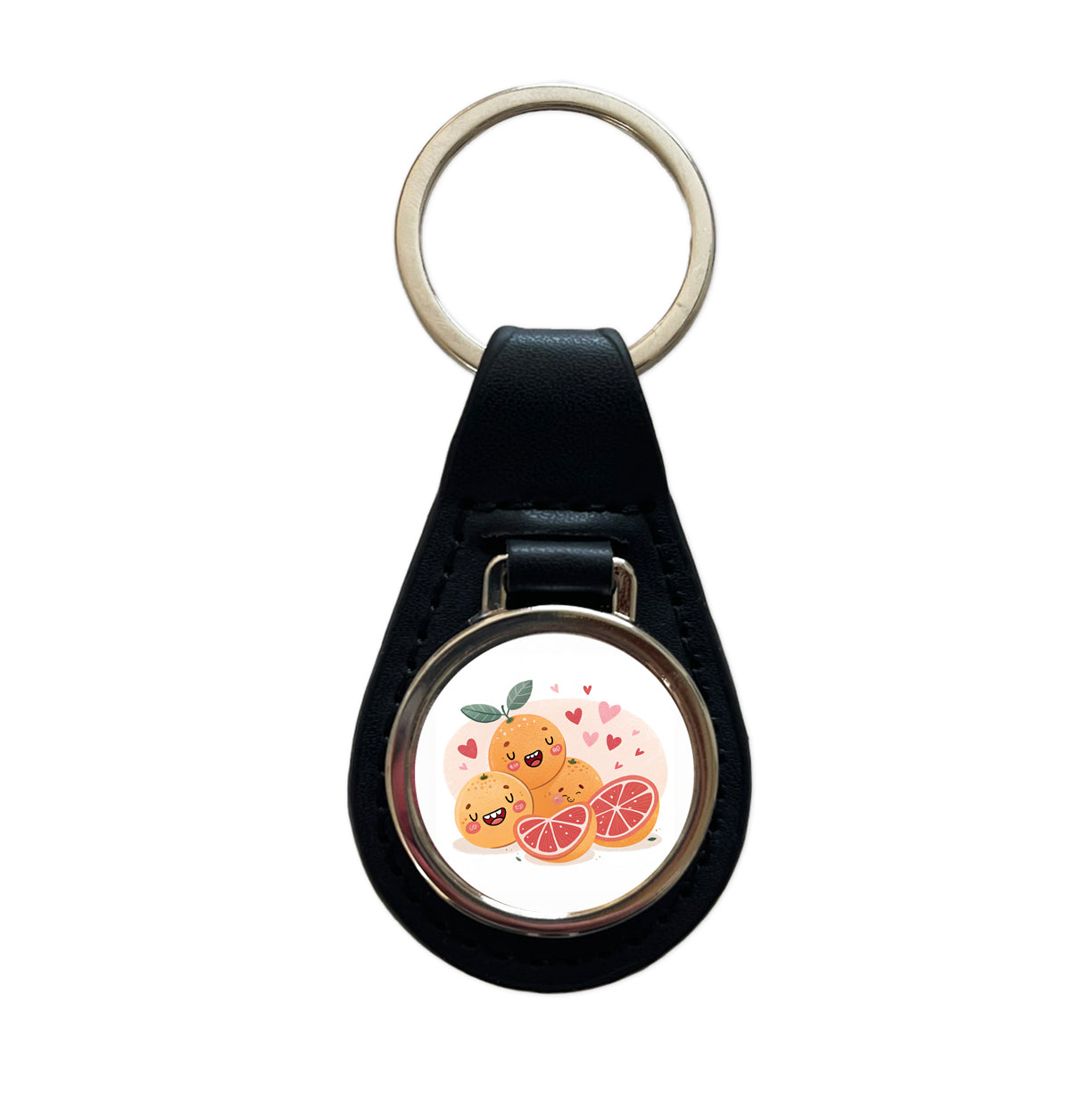 Kawaii Grapefruits And Hearts Black Leather Metal Keychain