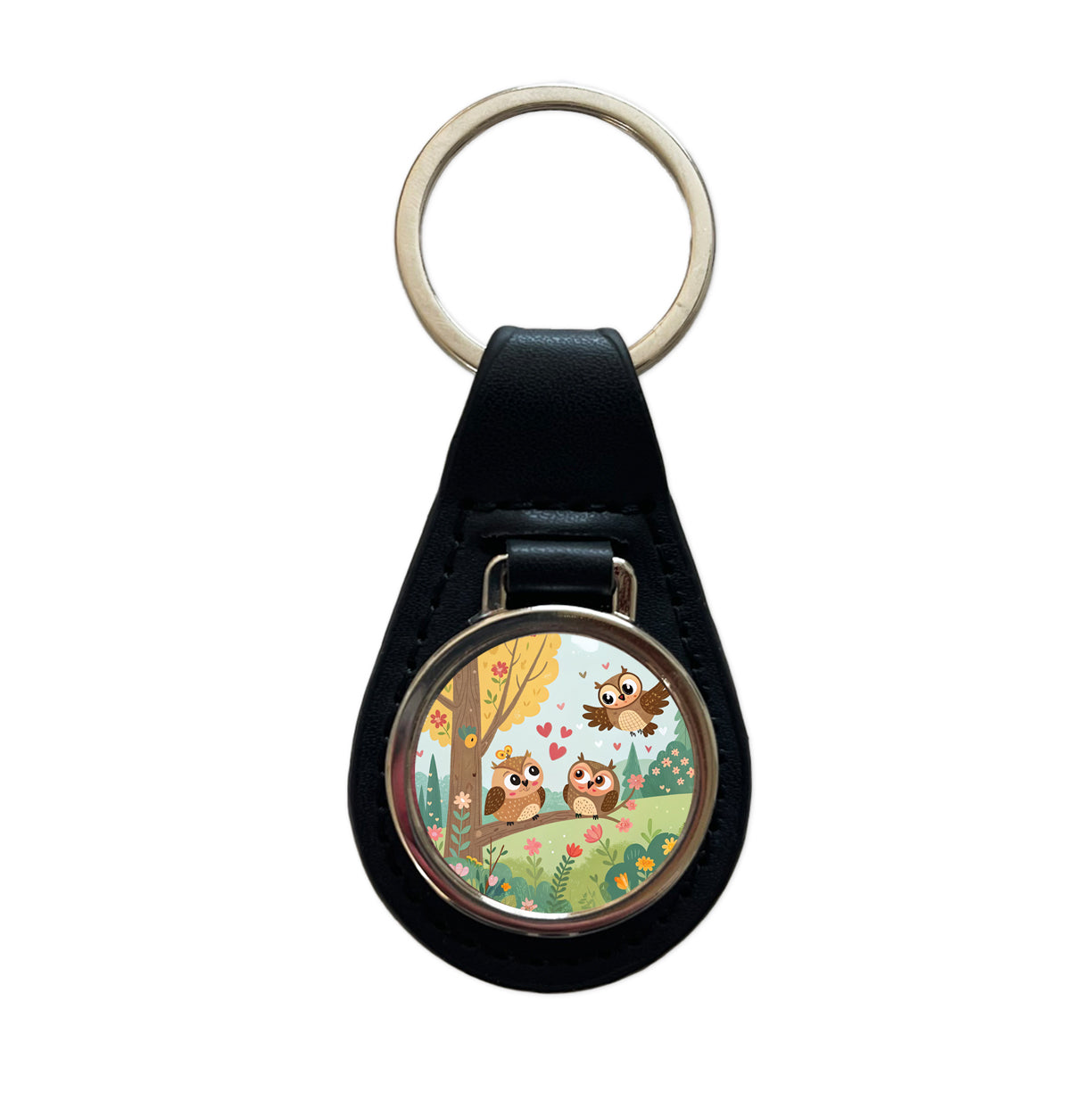 Kawaii Great Horned Owls Black Leather Metal Keychain