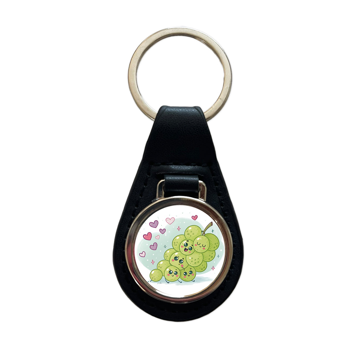 Kawaii Green Grapes And Hearts Black Leather Metal Keychain